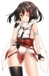  1girl brown_eyes brown_hair gloves grin kantai_collection kirito_(tundereyuina) no_panties one_eye_closed scarf sendai_(kantai_collection) short_hair smile solo two_side_up 