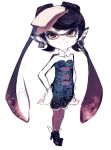  +_+ 1girl aori_(splatoon) bare_arms bare_shoulders black_hair brown_eyes collarbone detached_collar domino_mask earrings fang food food_on_head gloves hair_ornament hair_rings hand_on_hip high_heels jewelry mask mole mole_under_eye object_on_head pantyhose pointy_ears purple_legwear riuichi short_hair smile solo splatoon sushi symbol-shaped_pupils tentacle_hair twintails unitard white_gloves 