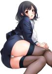  1girl ass black_hair breasts kantai_collection large_breasts looking_at_viewer lying military military_uniform on_side open_mouth panties pantyshot pantyshot_(lying) red_eyes sakiyamama short_hair skirt takao_(kantai_collection) thigh-highs underwear uniform white_background 