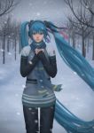  blue_eyes blue_hair blurry depth_of_field earmuffs gohpot hair_ribbon hands_on_own_chest hatsune_miku highres long_hair ribbon scarf signature smile snow snowing sweater tree twintails very_long_hair vocaloid watermark web_address 