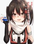  1girl anger_vein brown_eyes brown_hair cigarette_box gloves hair_ornament kantai_collection kirito_(tundereyuina) remodel_(kantai_collection) scarf sendai_(kantai_collection) short_hair smile solo two_side_up 