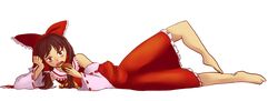  1girl ascot barefoot bored bow bread brown_eyes brown_hair detached_sleeves eating flat_gaze food hair_bow hair_tubes hakurei_reimu kia_(tumblr) lying on_side open_mouth solo touhou transparent_background 