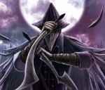  1girl ajaco_a bloodborne cape dual_wielding eileen_the_crow feathers hat mask moon plague_doctor sword weapon 