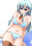  1girl absurdres aqua_eyes aqua_hair ascot bikini breasts brown_legwear hair_ornament hairclip highres kantai_collection long_hair open_mouth shadow shinshin sitting solo striped striped_bikini striped_swimsuit suzuya_(kantai_collection) swimsuit thigh-highs 