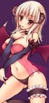  1girl babydoll bare_shoulders bat_wings black_panties blonde_hair breasts cowboy_shot detached_sleeves hand_to_own_mouth highres horns long_hair looking_at_viewer navel necktie original panties purple_background red_eyes red_necktie skindentation solo sorai_shin&#039;ya succubus_(ragnarok_online) thigh_strap underwear wings 