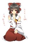  1girl bow detached_sleeves hair_bow hair_tubes hakurei_reimu hand_to_own_mouth looking_at_viewer ochazuke payot red_eyes short_hair simple_background sitting solo touhou white_background 