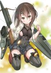  1girl bike_shorts blush bow_(weapon) brown_eyes brown_hair crossbow etonato flat_chest headband headgear kantai_collection looking_at_viewer open_mouth pleated_skirt short_hair skirt taihou_(kantai_collection) thigh-highs weapon 