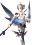  1girl absurdres bare_shoulders blue_eyes collarbone crown detached_sleeves greaves gwendolyn highres odin_sphere polearm ricci short_hair silver_hair simple_background solo spear weapon white_background wings 