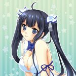  1girl ahoge blue_eyes blush breasts cleavage dungeon_ni_deai_wo_motomeru_no_wa_machigatteiru_darou_ka hair_ribbon hestia_(danmachi) long_hair looking_at_viewer rei_no_himo ribbon solo star starry_background twintails vertical-striped_background vertical_stripes 