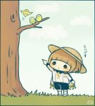  1boy ayu_(mog) bangs bird black_border black_eyes blush bob_cut border brown_hair cape chibi clouds dated fish grass hat maeda_toushirou male_focus outdoors pointing short_hair sky solid_eyes solo standing touken_ranbu translation_request tree 