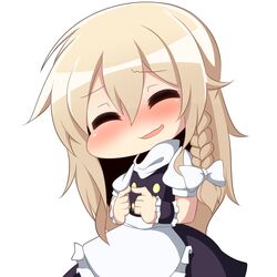  1girl :d ^_^ blonde_hair blush braid chibi closed_eyes dress facing_viewer fingers_together full-face_blush hair_ribbon head_tilt kirisame_marisa long_hair no_hat open_mouth ribbon single_braid smile solo touhou tress_ribbon twumi very_long_hair wavy_mouth wrist_cuffs 