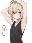  1boy ? ahoge androgynous armpits arms_up blonde_hair erubo original red_eyes short_hair simple_background solo spoken_question_mark white_background 