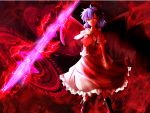  1girl arm_at_side ascot aura bat_wings blue_hair boots brooch electricity energy frilled_collar frilled_shirt frilled_skirt frills grin hand_up highres jewelry large_wings magic_circle matsufox no_hat pink_shirt pink_skirt red red_eyes remilia_scarlet shirt short_hair skirt slit_pupils smile solo spear_the_gungnir touhou wings 