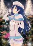  1girl blue_hair capelet christmas_tree cowboy_shot detached_sleeves fur hat highres long_hair looking_to_the_side love_live!_school_idol_project minase_yuu shorts snow_halation snowflakes solo sonoda_umi very_long_hair yellow_eyes 