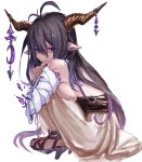  1girl antenna_hair bandages black_hair breasts danua dress finger_to_mouth granblue_fantasy horns jewelry large_breasts long_hair looking_at_viewer mizutsu pointy_ears red_eyes sideboob simple_background solo squatting white_background 