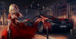  1girl blonde_hair bow car city city_lights dress flandre_scarlet gun hair_bow highres looking_at_viewer motor_vehicle night pagani_huayra red_dress red_eyes revolver road short_sleeves side_ponytail smile solo street terabyte_(rook777) touhou vehicle weapon wings 