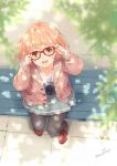  1girl bench brown_hair cardigan from_above glasses kuriyama_mirai kyoukai_no_kanata pantyhose red-framed_glasses red_glasses school_uniform semi-rimless_glasses serafuku short_hair snonfield under-rim_glasses yellow_eyes 