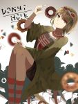  absurdres brown_eyes chocolate_(jitong) closed_mouth donut_hole_(vocaloid) doughnut food goggles goggles_on_head green_hair green_jacket gumi hand_on_knee highres jacket jewelry necklace pantyhose paper shirt shorts socks song_name striped striped_legwear vocaloid 