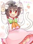  1girl :3 :d animal_ears brown_hair cat_ears cat_tail chen dress fang heart ibarashiro_natou jewelry long_sleeves mob_cap multiple_tails nekomata open_mouth pink_dress red_eyes short_hair single_earring smile solo tail touhou two_tails 
