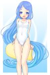  1girl blue_eyes blue_hair gluteal_fold kantai_collection kickboard kurogane_daichi long_hair one-piece_swimsuit samidare_(kantai_collection) swimsuit 