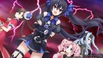  4girls black_hair blue_hair brown_hair chou_megami_shinkou_noire_gekishin_black_heart lee_fey lestra lightning multiple_girls neptune_(series) noire pink_hair red_eyes rid tsunako twintails 