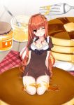  1girl amo_(rnrkrn) breasts butter cleavage dress fork highres knife large_breasts long_hair minigirl orange_hair original pancake puffy_short_sleeves puffy_sleeves red_eyes short_sleeves solo syrup 