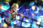  1girl blonde_hair bridge cave dutch_angle frown grass green_eyes hitodama iroen_(kurohimekou) layered_dress light_particles long_sleeves looking_at_viewer mizuhashi_parsee pointy_ears ponytail raised_hand scarf short_hair solo standing touhou 