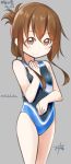  1girl brown_eyes brown_hair competition_swimsuit folded_ponytail gurande_(g-size) highres inazuma_(kantai_collection) kantai_collection long_hair one-piece_swimsuit standing swimsuit 