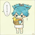  1boy ayu_(mog) barefoot blue_hair chibi dated fish full_body green_eyes lowres male_focus naked_towel rubber_duck saniwa_(touken_ranbu) sayo_samonji solo speech_bubble standing touken_ranbu towel translation_request 