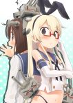  2girls adjusting_glasses ahenn back-to-back bespectacled brown_eyes brown_hair glasses gloves hair_ornament hairband highres kantai_collection long_hair multiple_girls rensouhou-chan sailor_dress shimakaze_(kantai_collection) short_hair yukikaze_(kantai_collection) 
