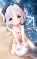  1girl akisha ball beach beachball bikini blue_eyes blue_hair bow cirno collarbone hair_bow highres ice ice_wings looking_at_viewer navel sitting solo striped striped_bikini striped_swimsuit swimsuit touhou v_arms wariza water wings 