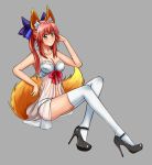  1girl animal_ears asortofcolorfag bare_shoulders blush bow bra breasts caster_(fate/extra) cleavage collarbone fate/extra fate_(series) fox_ears fox_tail grey_background hair_bow hair_ribbon hand_in_hair looking_at_viewer panties pink_hair ribbon simple_background sitting solo tail thigh-highs twintails underwear underwear_only white_bra white_legwear white_panties yellow_eyes 