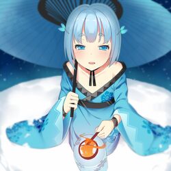  1girl ayakashi_hyakkiyakou blue_eyes blue_hair blush eyebrows fire hair hair_ornament itose_ikuto japanese_clothes kimono lantern looking_at_viewer open_mouth oriental_umbrella original smile snow solo umbrella yuki_onna 