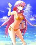  1girl akashi_(kantai_collection) balloon bikini failure_penguin flower green_eyes hair_flower hair_ornament hair_ribbon highres kantai_collection long_hair looking_at_viewer one_eye_covered pink_hair ribbon side-tie_bikini smile solo swimsuit tress_ribbon twintails weasel_(close-to-the-edge) 