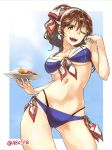  1girl abo_(hechouchou) ashigara_(kantai_collection) bikini blue_bikini breasts brown_eyes brown_hair contrapposto cowboy_shot curry curry_rice food hairband kantai_collection long_hair looking_at_viewer navel one_eye_closed ponytail solo sweat swimsuit twitter_username 