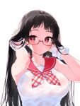  1girl black_hair breasts dated earrings glasses jewelry large_breasts long_hair neckerchief original red-framed_glasses red_eyes see-through semi-rimless_glasses simple_background solo sweat symbol-shaped_pupils under-rim_glasses upper_body wet wet_clothes white_background wrist_cuffs yuuhi_homare 
