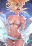  1girl barefoot blonde_hair blue_eyes breasts curvy elbow_gloves gloves highres instant_ip janna_windforce large_breasts league_of_legends light_smile long_hair midriff navel solo thigh_gap thighs white_gloves wide_hips wind 