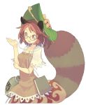  1girl animal_ears bell blush_stickers brown_eyes brown_hair futatsuiwa_mamizou glasses gourd highres kiseru layered_dress leaf leaf_on_head looking_away looking_to_the_side morino_hon notebook open_mouth pipe raccoon_ears raccoon_tail short_hair short_sleeves simple_background smile solo string tail touhou white_background 