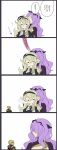  1boy 2girls 4koma blonde_hair blush camilla_(fire_emblem_if) character_request comic commentary_request fire_emblem fire_emblem_if hand_on_head heart highres messy_hair multiple_girls my_unit_(fire_emblem_if) nose_bubble purple_hair translation_request yumi-to_shizuru 