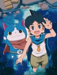  1boy :3 absurdres besuyama black_hair blue_cape cape cat footwear_removed from_above fuyunyan geta highres keizou looking_up open_mouth red_cape reflection scar short_hair shorts sky star_(sky) starry_sky wading water youkai youkai_watch youkai_watch_2 