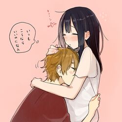  1boy 1girl black_hair brown_hair closed_eyes couple hug kitashirakawa_tamako long_hair momose_(oqo) ooji_mochizou short_hair smelling tamako_market translation_request 