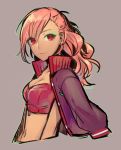  1girl breasts cleavage earrings eyeshadow highres jacket jacket_on_shoulders jewelry long_hair looking_at_viewer makeup open_clothes open_jacket pink_hair red_eyes ruby_(vocaloid) seica solo tan track_jacket vocaloid zipper 