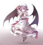  1girl ascot bat_wings colored dress full_body gradient gradient_background hat hat_ribbon lavender_hair long_sleeves looking_at_viewer minust mob_cap pointy_ears puffy_sleeves red_eyes remilia_scarlet ribbon sash shoes sketch slit_pupils socks solo touhou white_legwear wings 