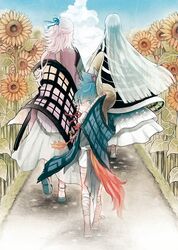  3boys blue_eyes blue_hair flower from_behind hat highres japanese_clothes kousetsu_samonji kurosuke_(hipparu) long_hair looking_back male_focus multiple_boys pink_hair sayo_samonji souza_samonji sunflower touken_ranbu very_long_hair walking 