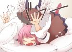  1girl bird_wings cushion dress fallen_down frilled_dress frills hat hat_removed headwear_removed jagabutter mystia_lorelei pillow pink_hair short_hair touhou wings 