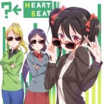  3girls ayase_eli black_hair blonde_hair long_hair love_live!_school_idol_project multiple_girls ponytail purple_hair red_eyes sunglasses toujou_nozomi twintails yamaori yazawa_nico 