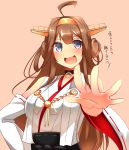  1girl :d ahoge blue_eyes blush brown_hair choker commentary_request detached_sleeves double_bun headgear highres kantai_collection kongou_(kantai_collection) long_hair looking_at_viewer nontraditional_miko open_mouth outstretched_hand smile solo translation_request tsukui_kachou upper_body very_long_hair 