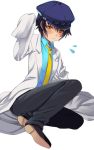  1girl blue_hair blush cabbie_hat crying crying_with_eyes_open dark_persona hat hijiri_ruka labcoat necktie oversized_clothes pants persona persona_4 shirogane_naoto shirt shoes short_hair sitting sleeves_past_wrists solo tears yellow_eyes yokozuwari 