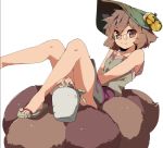 1girl animal_ears bell brown_eyes brown_hair convenient_censoring futatsuiwa_mamizou glasses gourd hasebe_yuusaku leaf leaf_on_head looking_at_viewer raccoon_ears raccoon_tail sandals shirt short_hair simple_background sitting sitting_on_tail skirt sleeveless smile solo tail touhou white_background