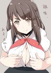  1girl breasts brown_eyes brown_hair check_translation cleavage gatchaman_crowds hair_ornament ichinose_hajime kichi8 large_breasts long_hair looking_at_viewer open_clothes open_shirt school_uniform shirt skirt smile solo translation_request 